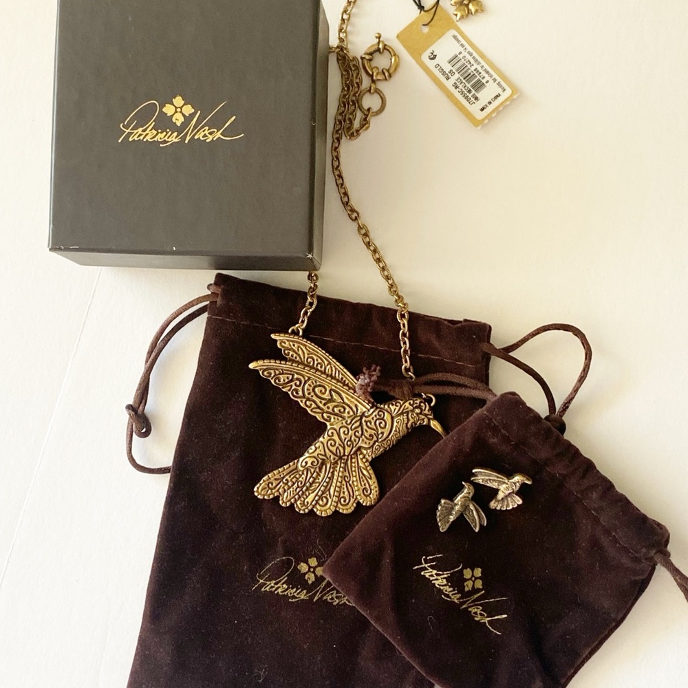 Patricia Nash Set Hummingbird Necklace and Earring Antiqued Bronze Color